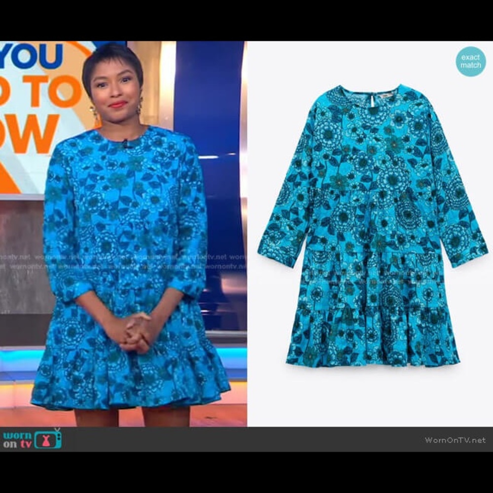 Zara FLORAL PRINT MINI DRESS Flounced Hem Blue Size S New